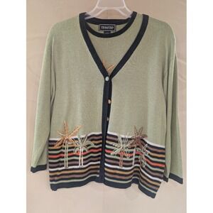 Terazzo Palm Tree Embroidered Cardigan Sweater + Vest Striped Olive Green Womens